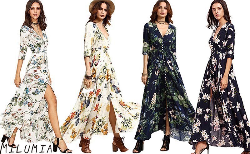 Women's button up split floral hot sale print flowy party maxi dress